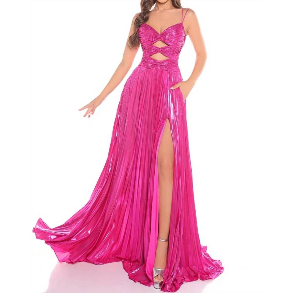 NEW AMARRA metallic cutout a-line slit gown in fuchsia